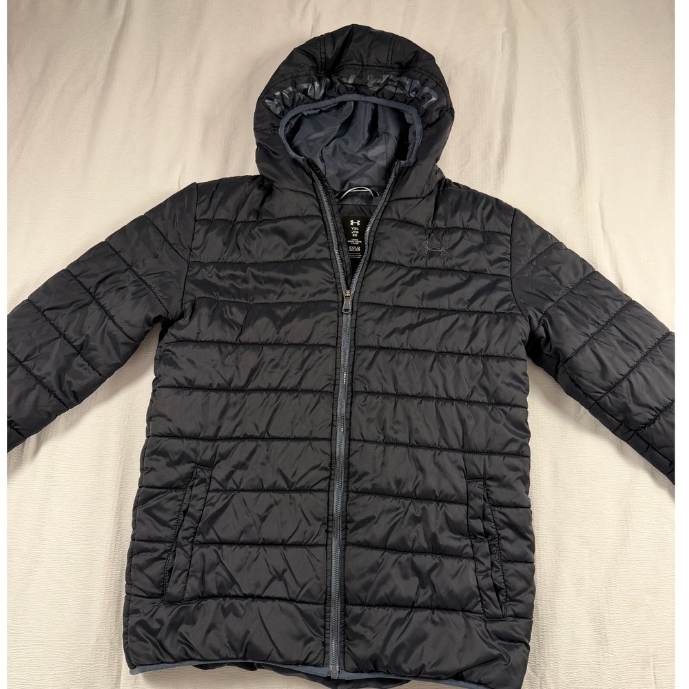 Under Armour ColdGear Puffer Jacket Boys YXL Black Hooded Quilted Full Zip Coat